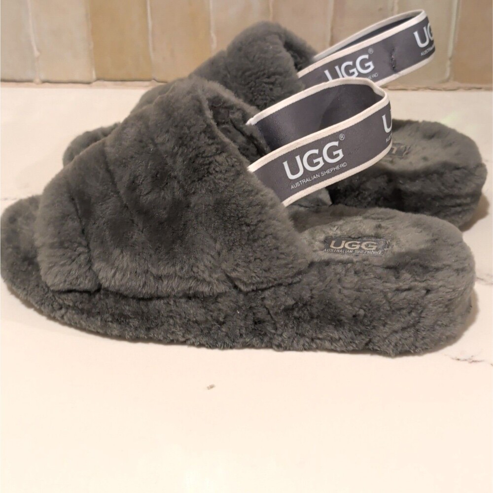 UGG Fluff Yeah Women’s Gray Shearling Fur Slide Slippers Open Toe US 9 EU40